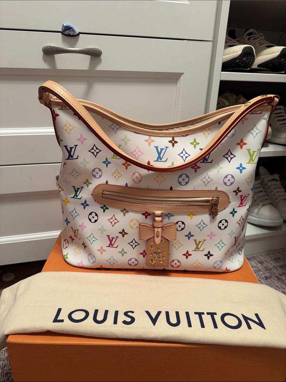 Louis Vuitton White Multicolor Monogram Shoulder Bag with Natural Leather Trim
